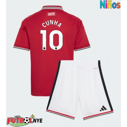 Camiseta Manchester United Matheus Cunha #10 Primera Equipación para niños 2026-27 manga corta (+ pantalones cortos)